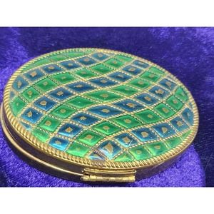 Vintage Blue & Green Enamel Avon Makeup Mirror Oval Vanity Compact- Well Loved